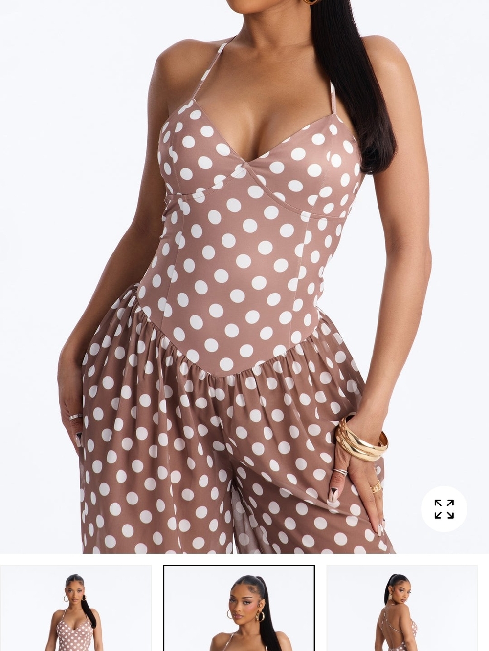 Polka Dot Brown Wide-Leg Jumpsuit - Picture 3 of 4